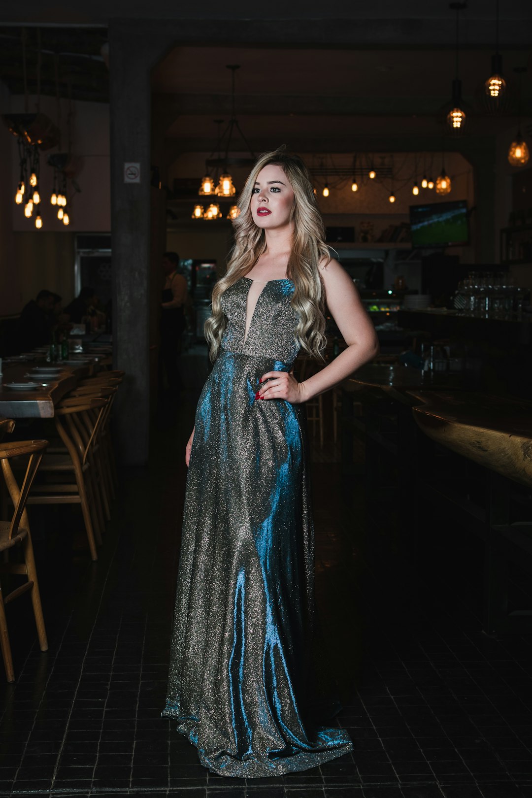 Woman wearing an elegant metallic party dress
